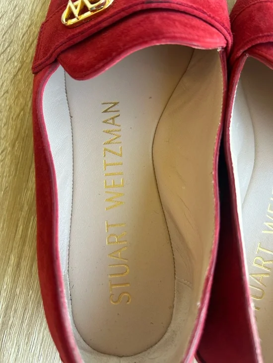 Stuart Weitzman Red Suede Loafers with Gold SW Emblem - Picture 5 of 8